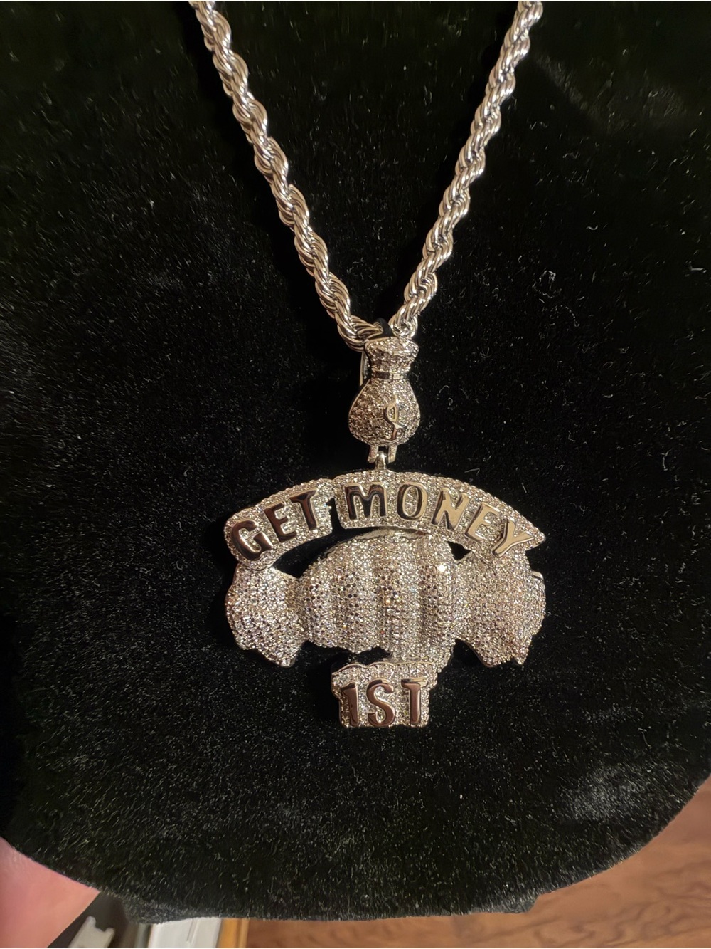 14K White Gold Plated “Get Money First” Pendant + FREE 24” Rope Chain